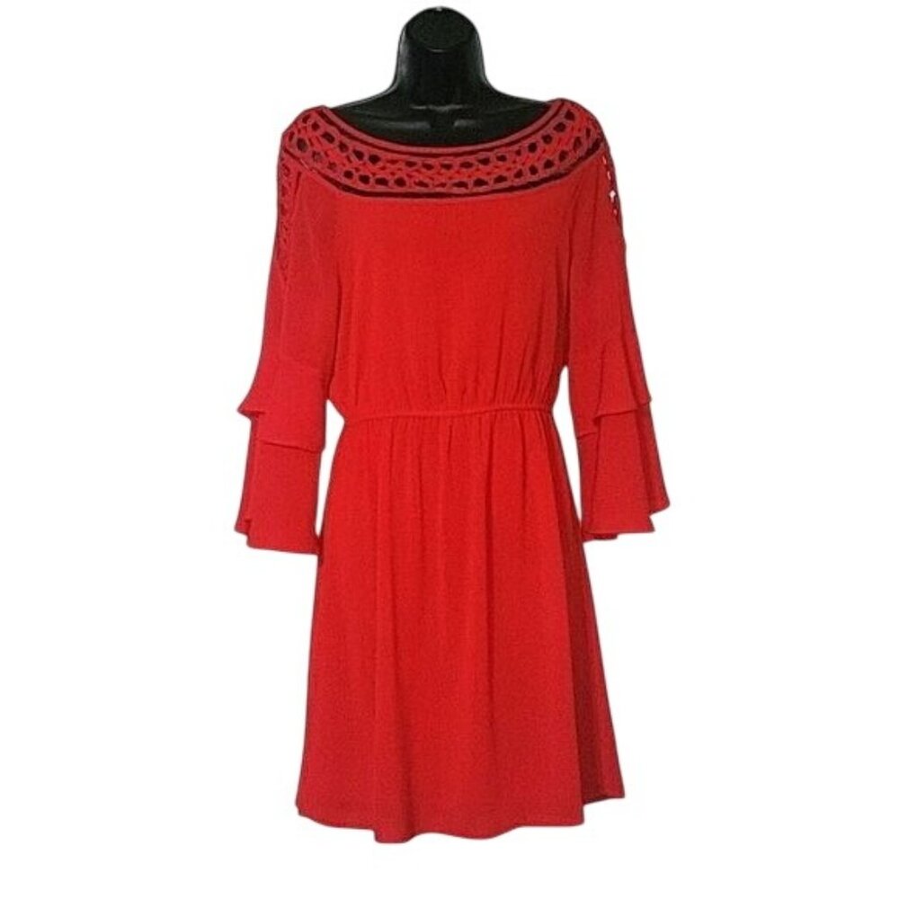 Skies Are Blue‎ Red Crochet Neck Ruffle Sleeve Smocked Waist Dress 8 formal sexy